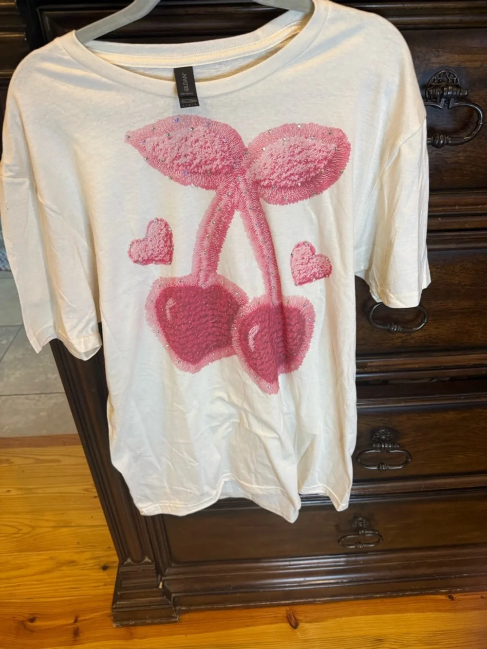 Women’s White Graphic Tee with Pink Sequin Cherry Design with bling. - Picture 4 of 4